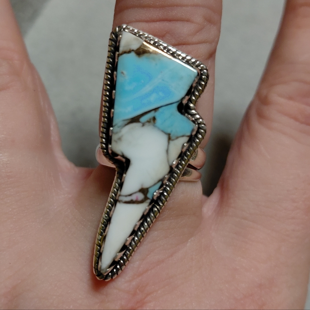 Cotton Candy Turquoise Lightning Bolt Sterling Silver Adjustable Ring - Picture 4 of 9